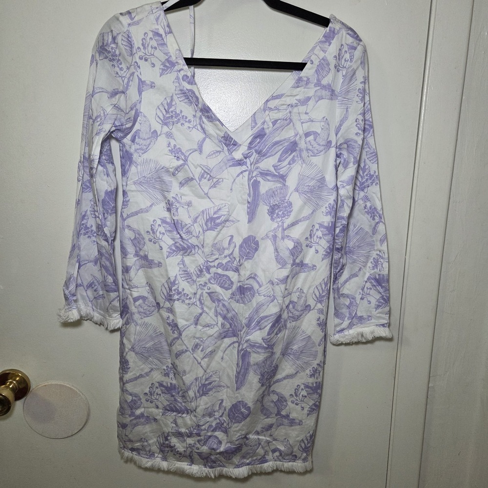 Persifor White Purple Bird‎ Botanical Print Dress Womens XS V-Neck Fringe Hem